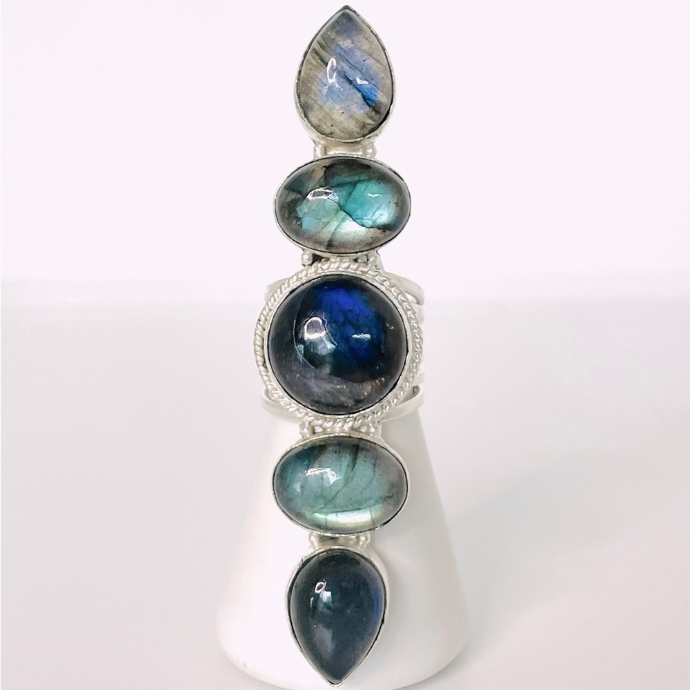 Labradorite Stone Handmade Stacked Ring Sterling Silver Size 5